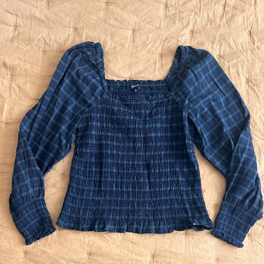 NWT Madewell Bubble-Sleeve Smocked Top in Plaid Size S Women’s Top Green & Blue